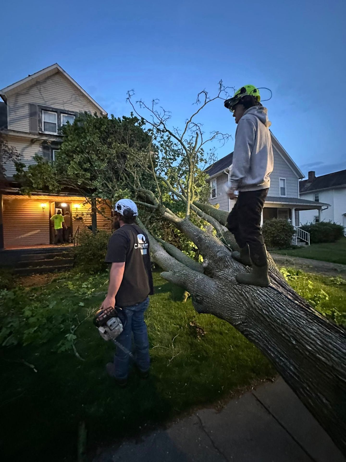 La Familia crew cutting a downed tree at dusk in Stark County, OH