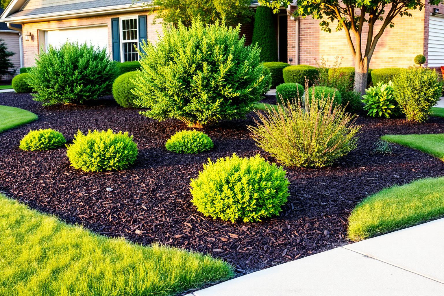 Freshly mulched landscape beds along a residential walkway
