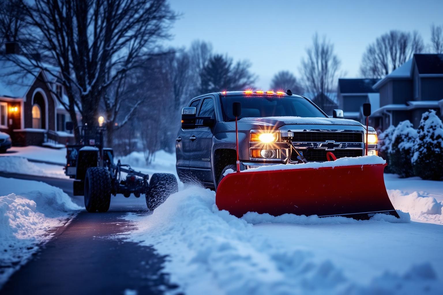 Pickup truck plowing snow from a driveway during a Stark County storm